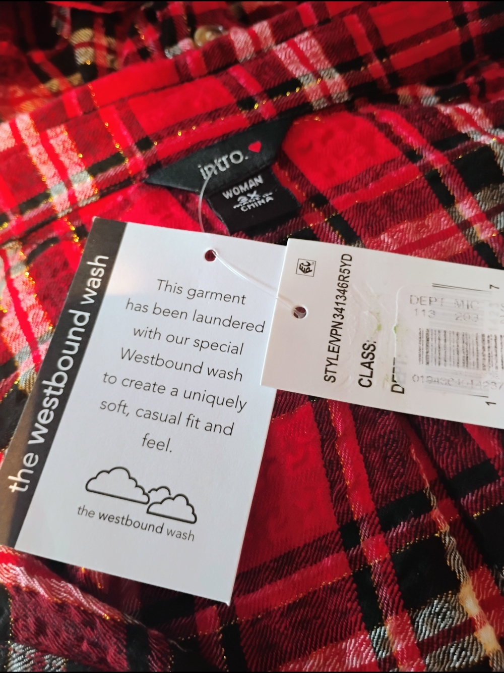 intro. Size 3X Red & Black Plaid Button-Up Shirt With Roll Tab Sleeves. NWT - Picture 10 of 11